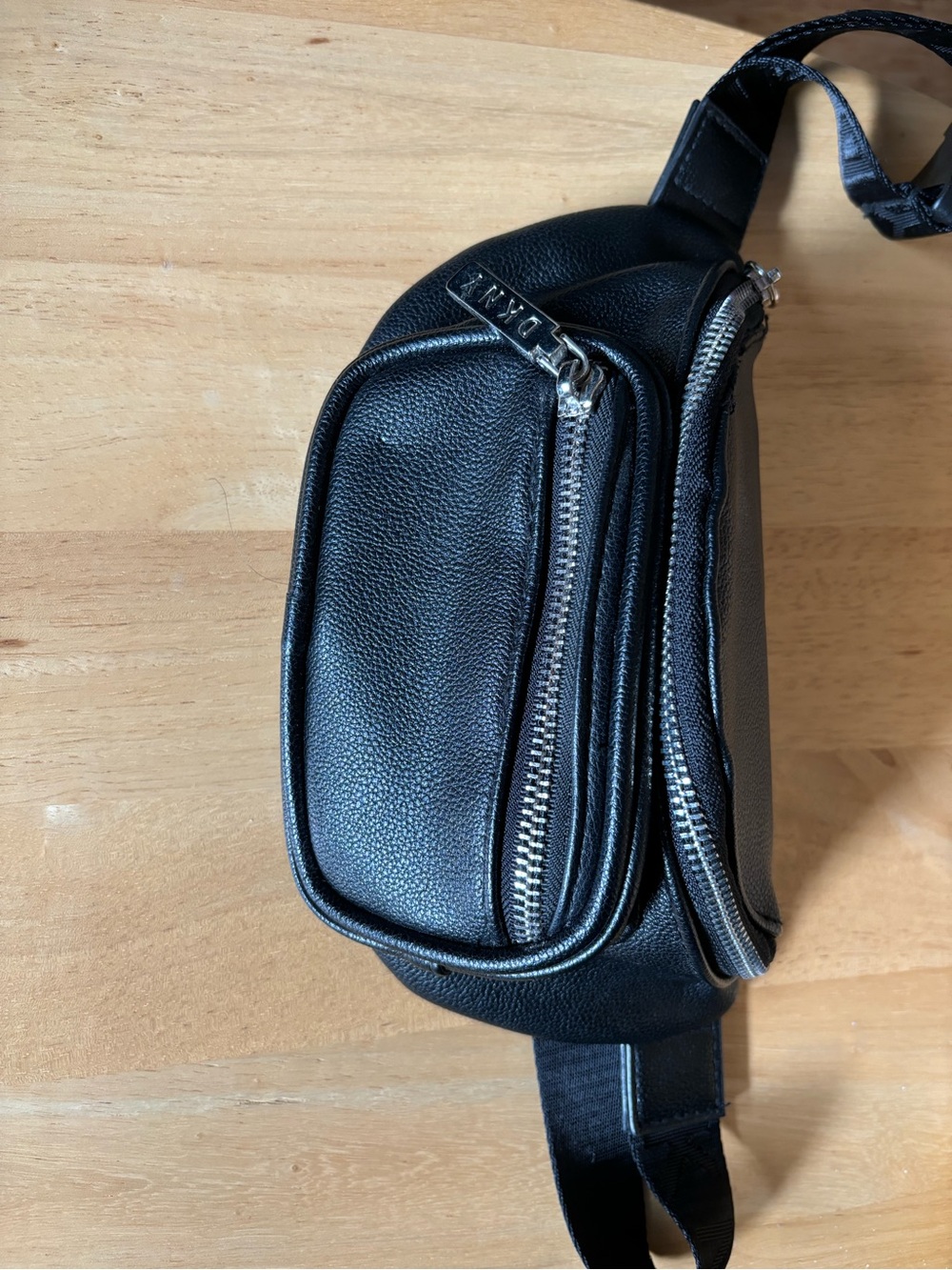 DKNY Black Pebble Leather Belt Bag with Silver Zippers